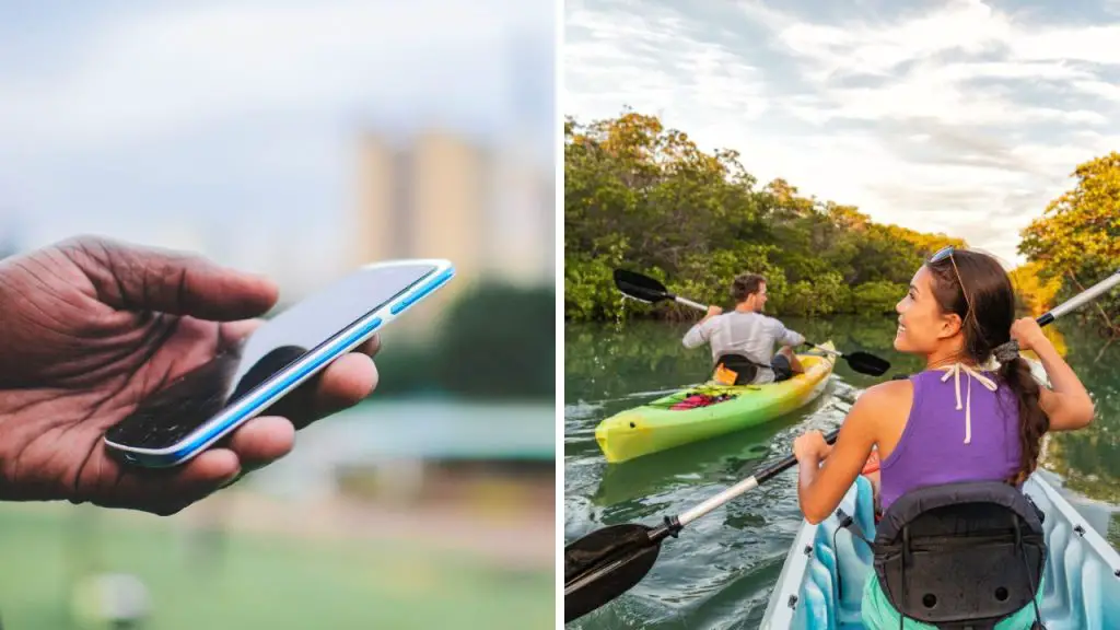 A phone and people is kayaking