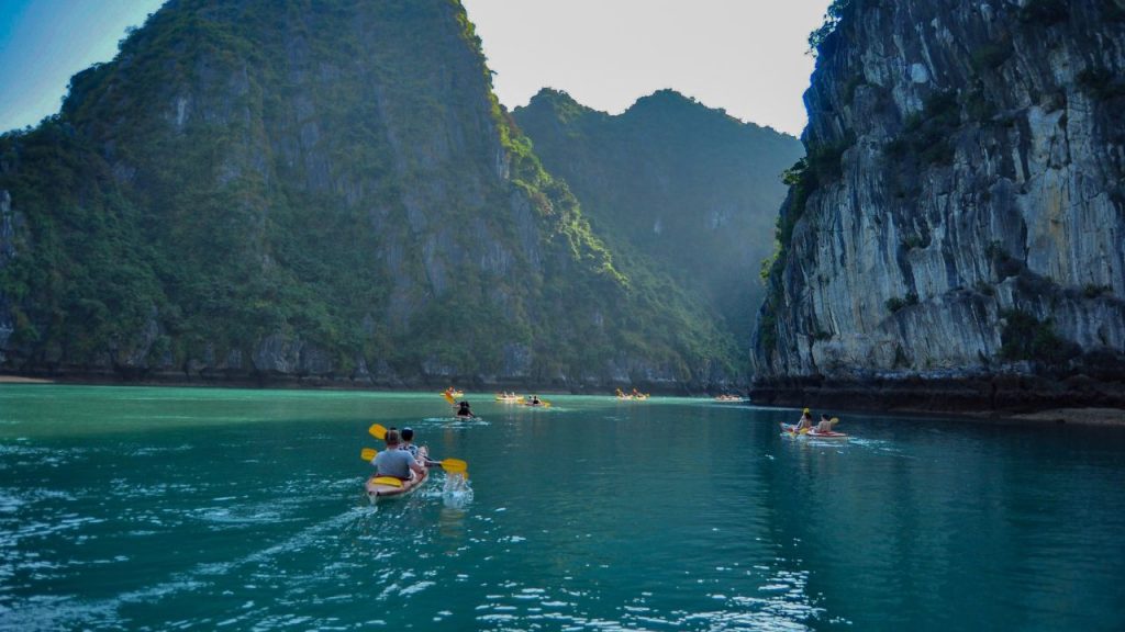 group of tourists experience kayaking