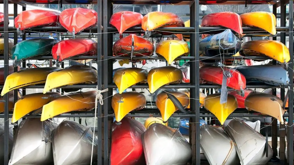 neatly arranged canoes