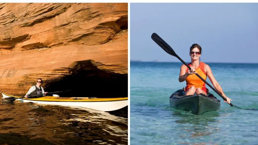 A girl is paddling sea kayak and kayak sit-on the sea