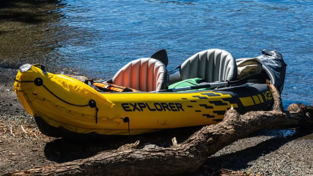 an inflatable kayak with two seats