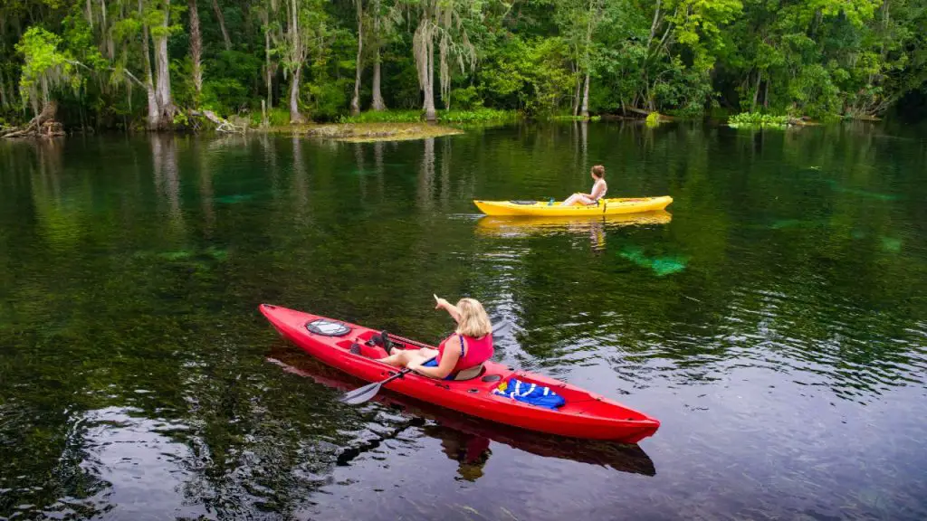 two women are paddling hobie kayak
